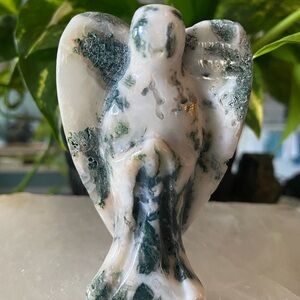 Moss Agate Angel Figurine with Druzy